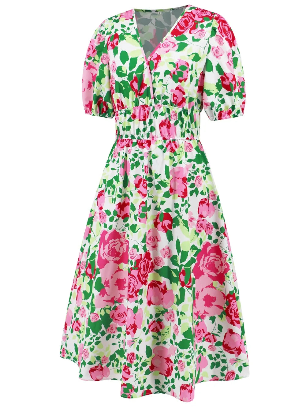 Ruched Roses Surplice Short Sleeve Dress Trendsi