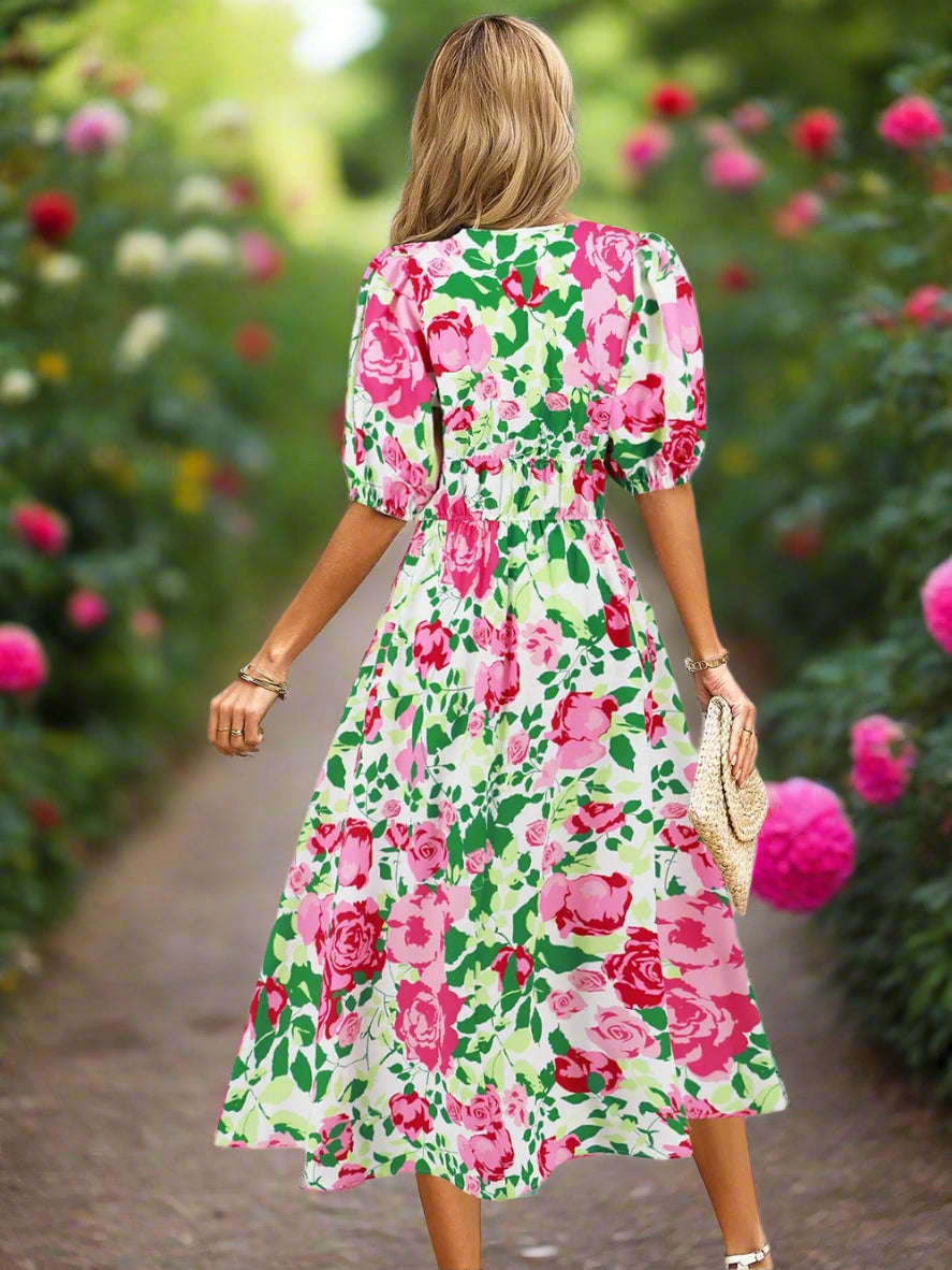 Ruched Roses Surplice Short Sleeve Dress Trendsi