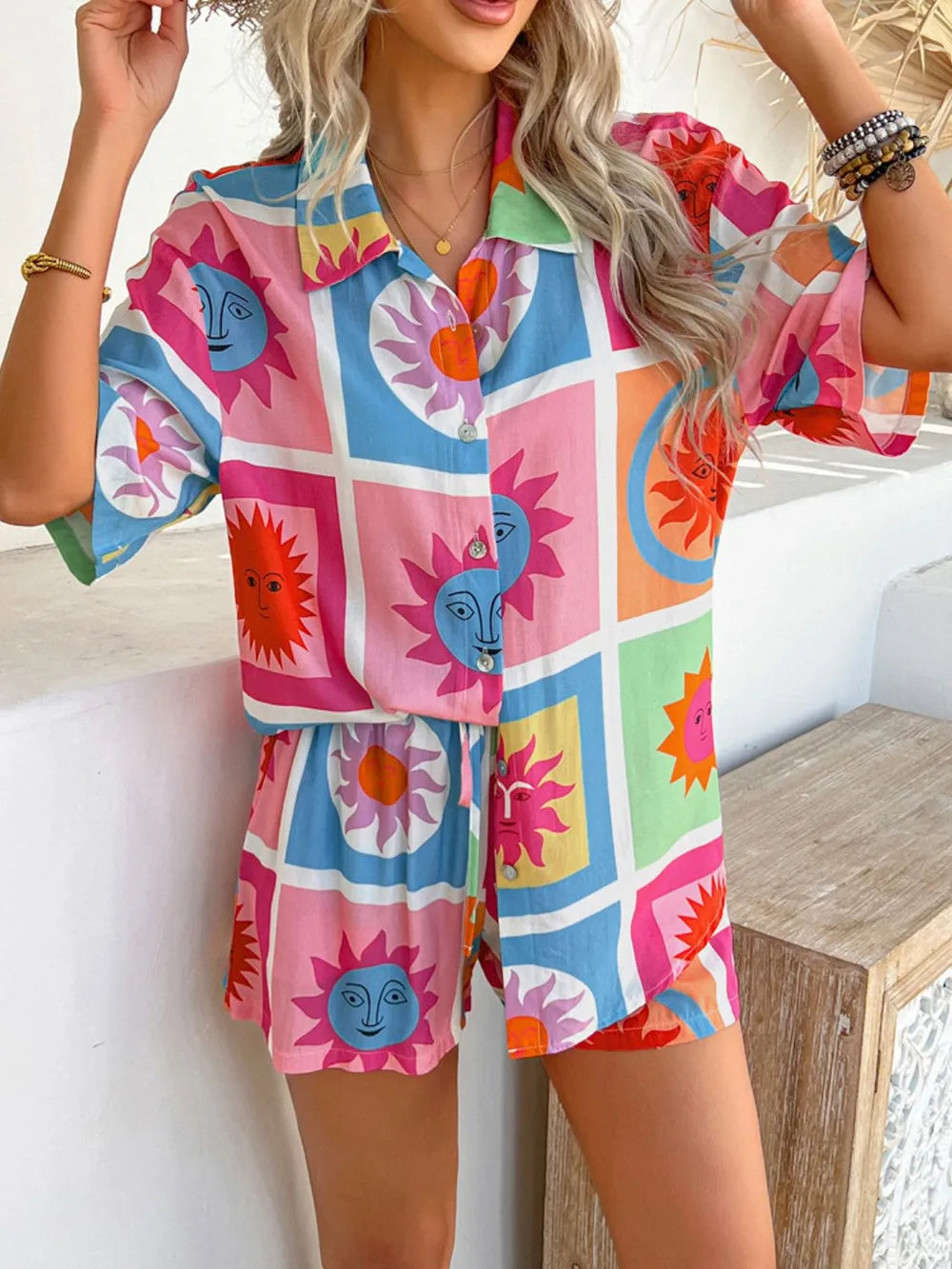 Devine Tropical Print Button-Down Shirt and Shorts Set Trendsi