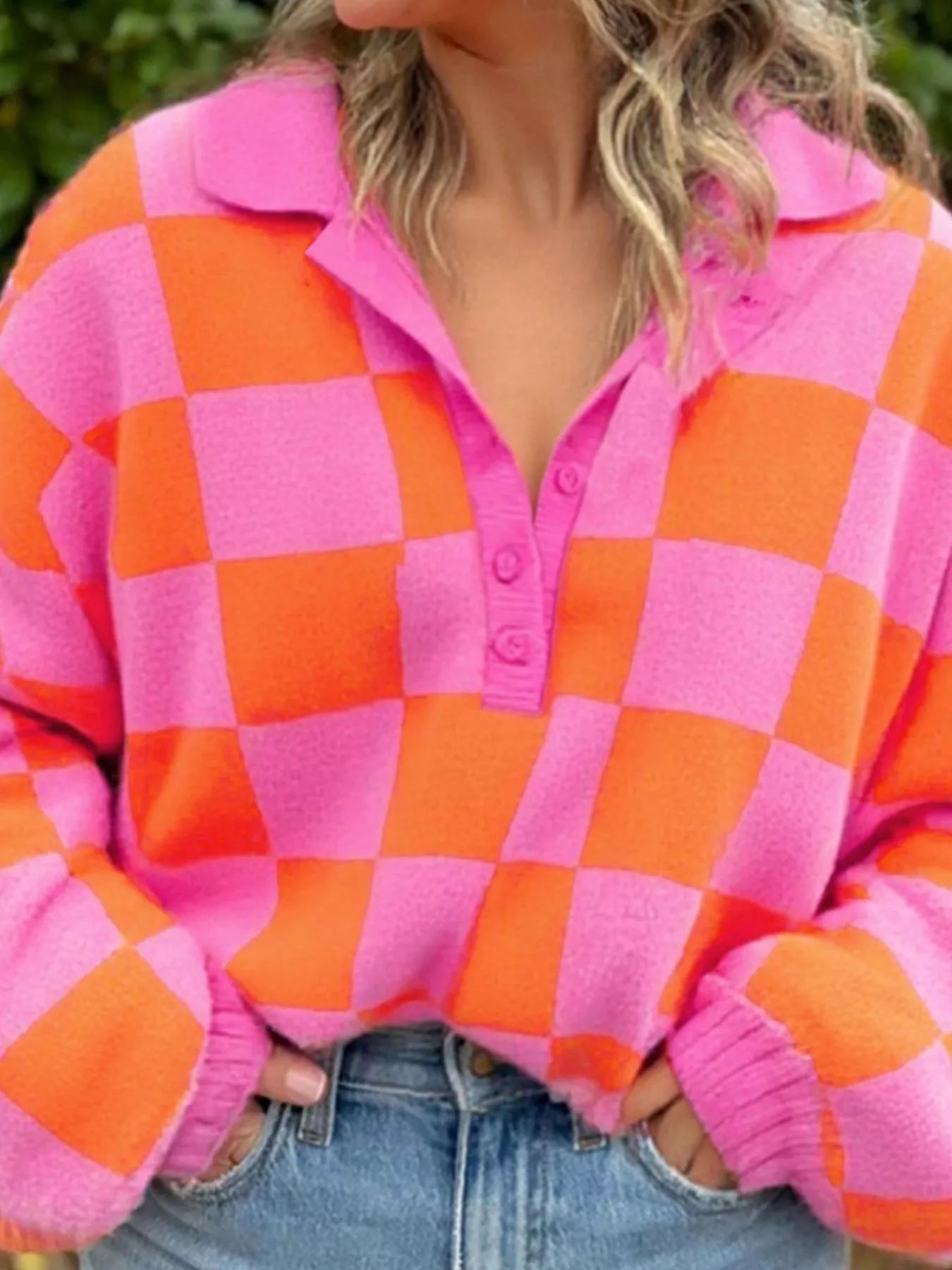 Checkerboard Pattern Half Button Sweater DAME BOHEME