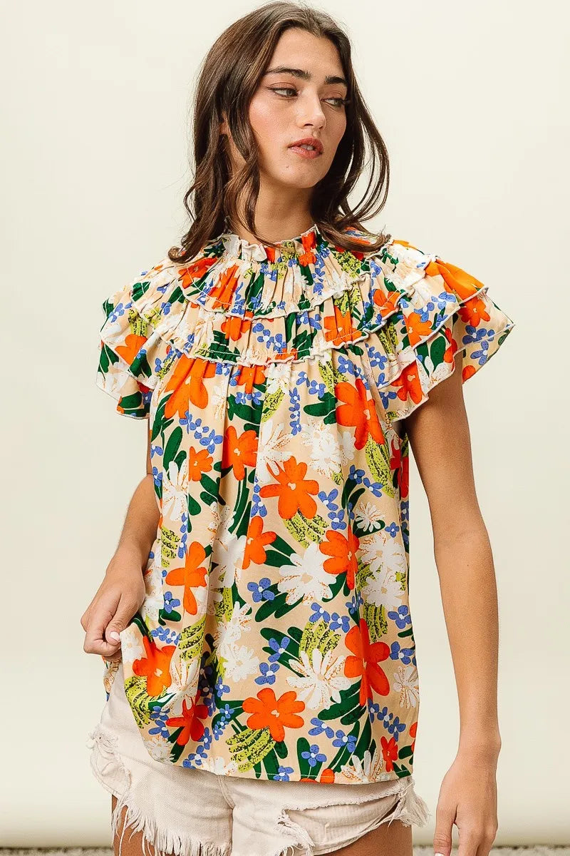 BiBi Multi Color Floral Print Woven Top Trendsi