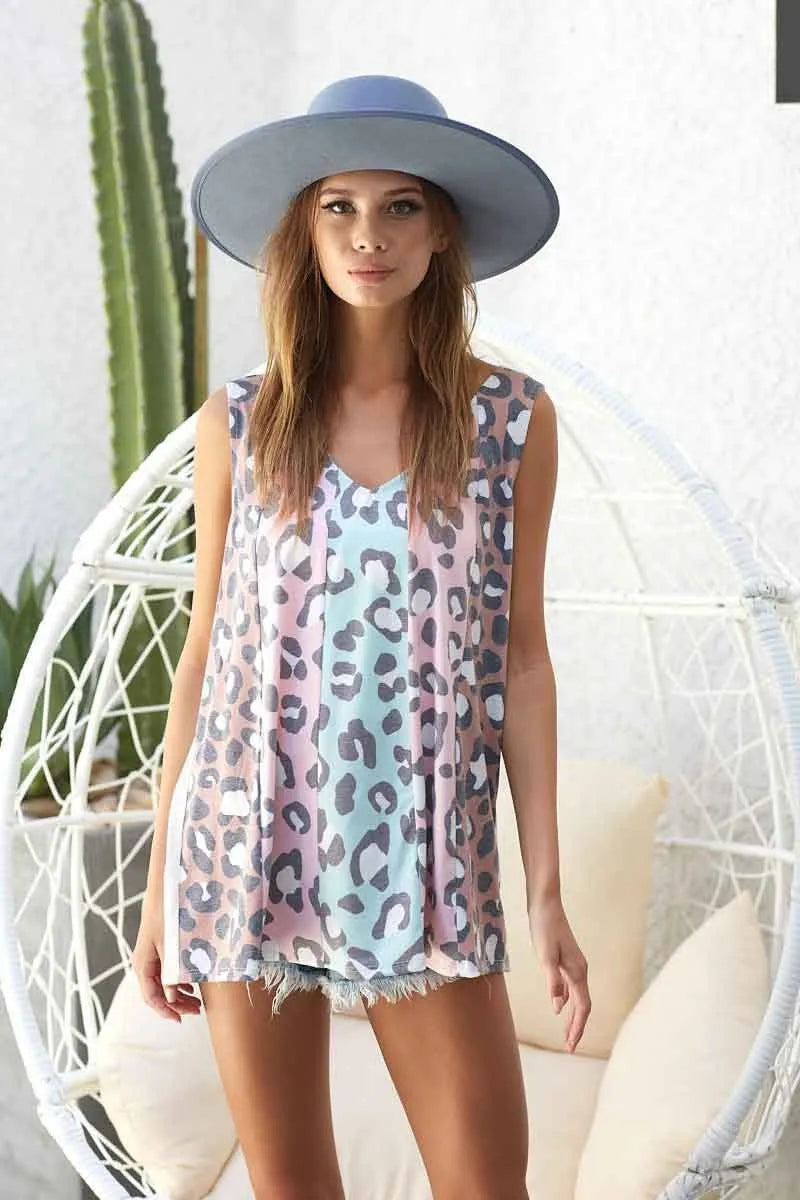 BiBi Leopard Printed Jersey Knit Color Block Tank Top Trendsi