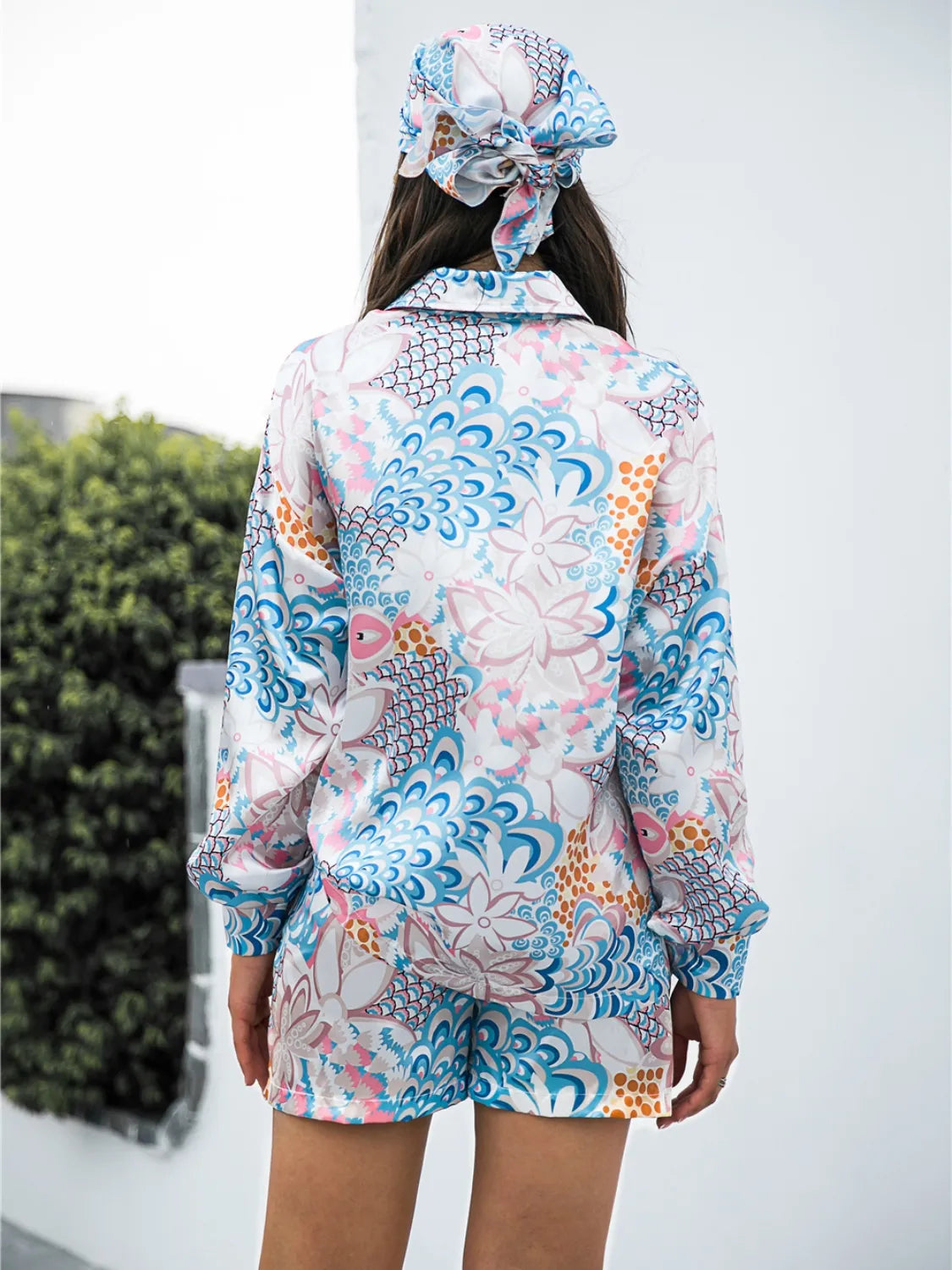 Printed Button Up Long Sleeve Shirt and Shorts 3 Pc Set Trendsi