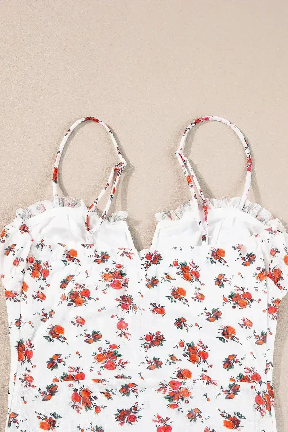 White Floral V-Cut Mesh Bodysuit with Frill Trim - Femstylo DAME BOHEME