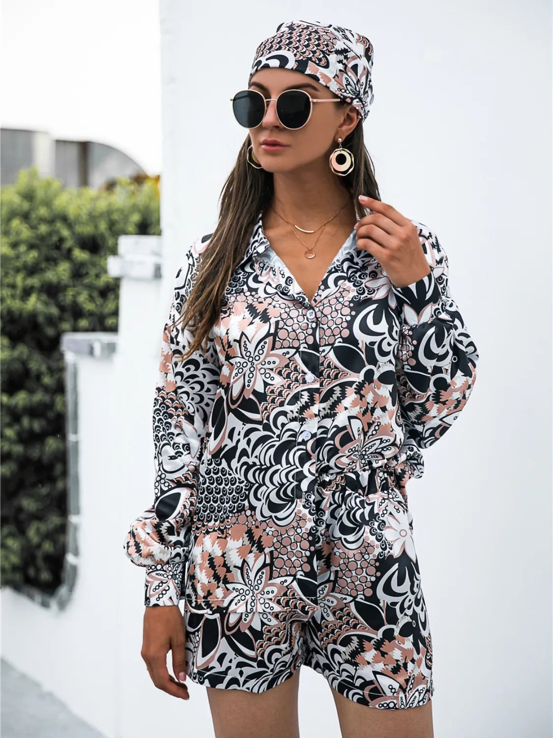 Printed Button Up Long Sleeve Shirt and Shorts 3 Pc Set Trendsi