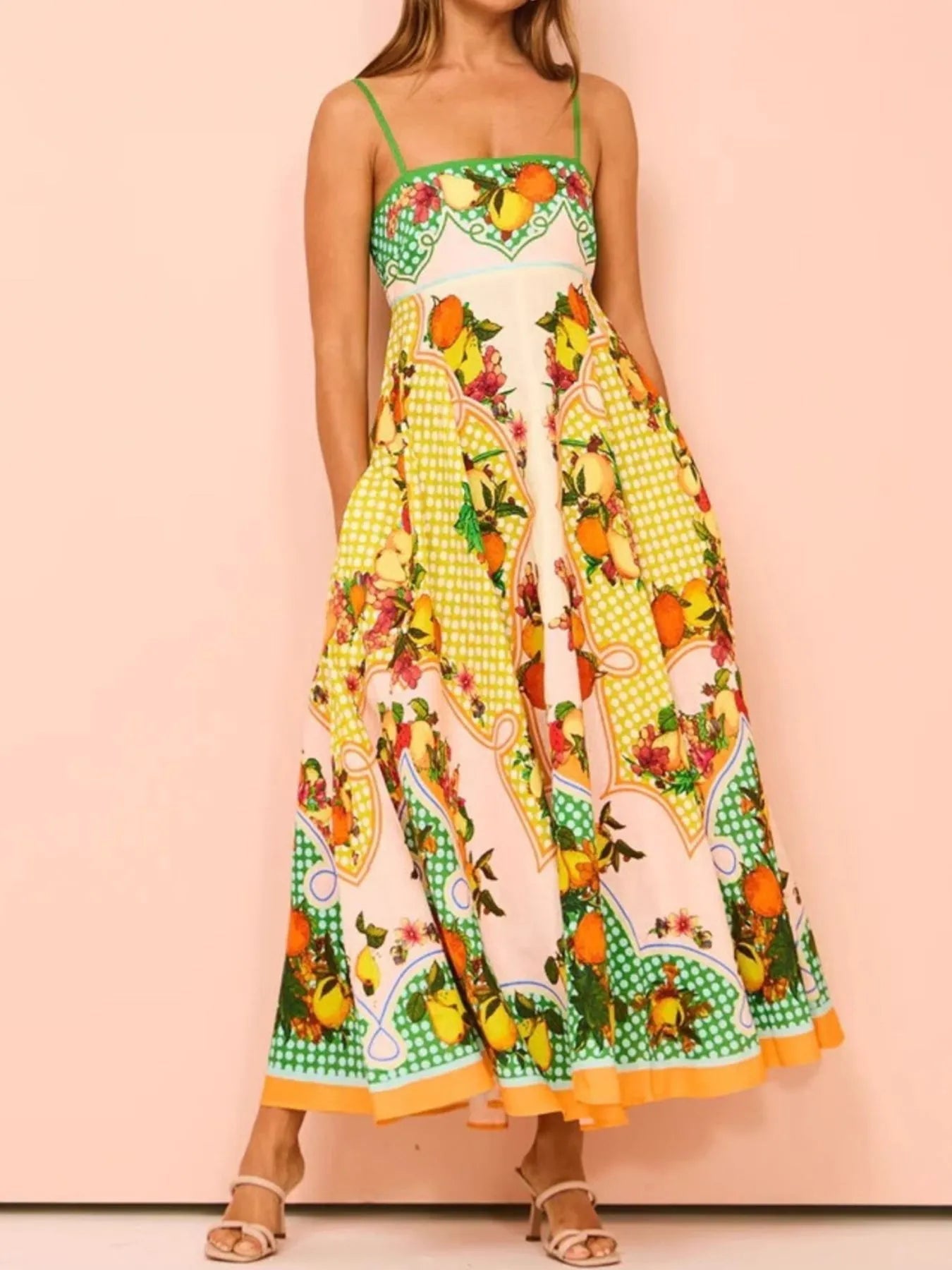 Fruit Print Square Neck Maxi Cami Dress Plus Size Trendsi