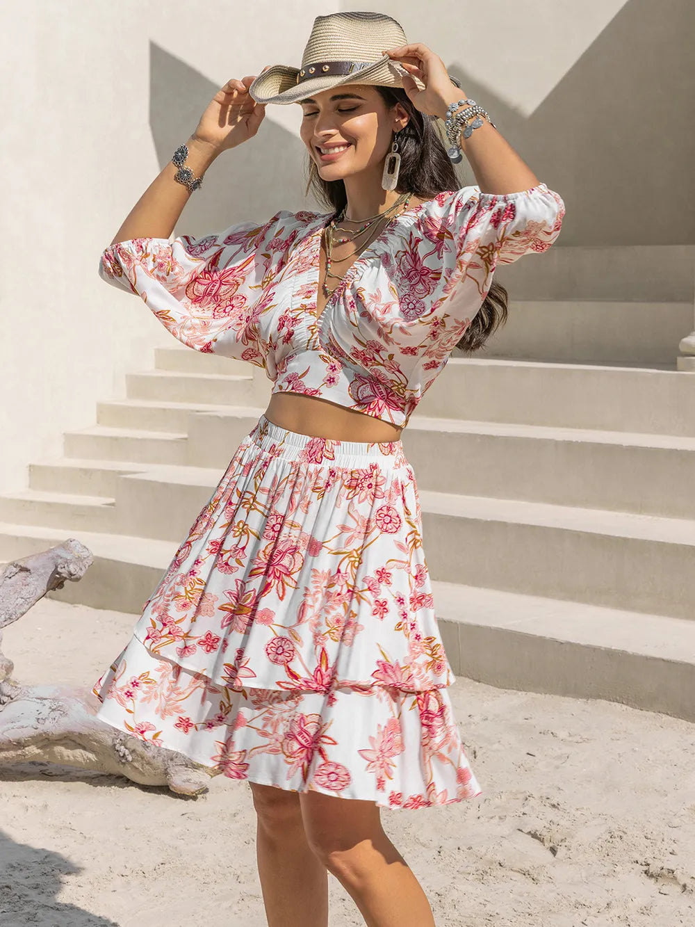 Printed Half Sleeve Top and Layered Skirt Set Trendsi