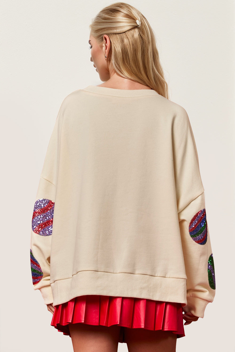 Double Take Christmas Element Sequin Round Neck Long Sleeve Sweatshirt DAME BOHEME