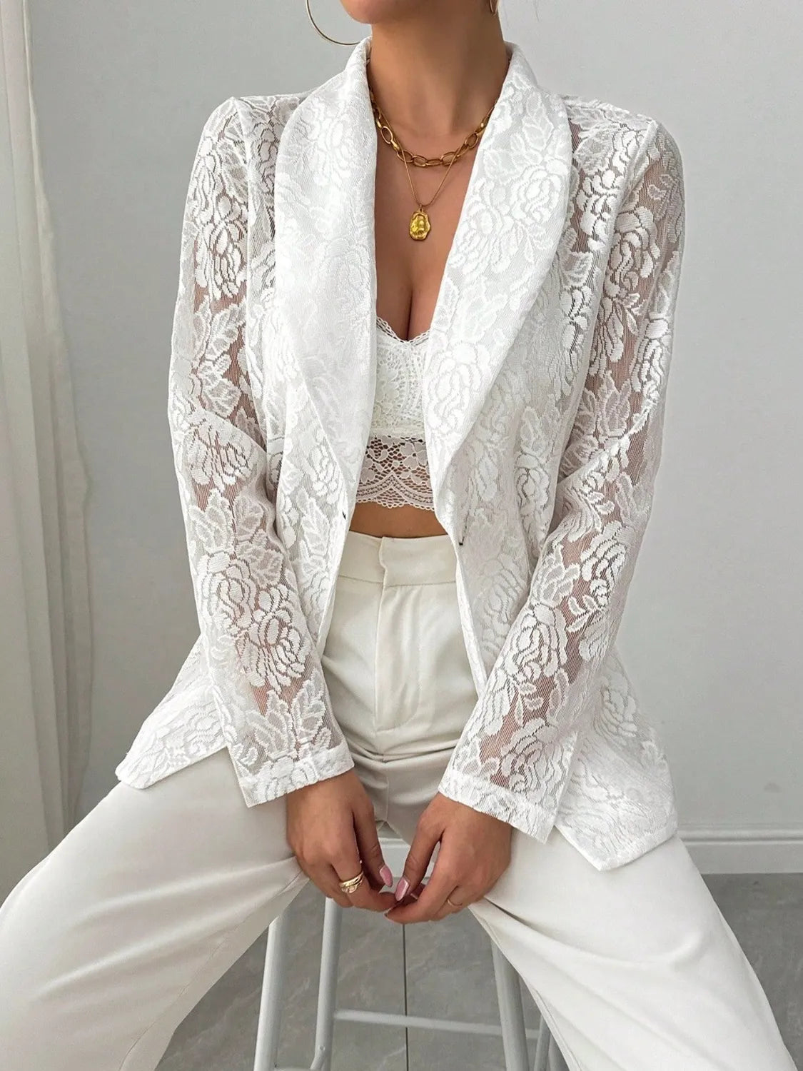 Sheer White Lace Lapel Collar Long Sleeve Blazer Plus Size Trendsi