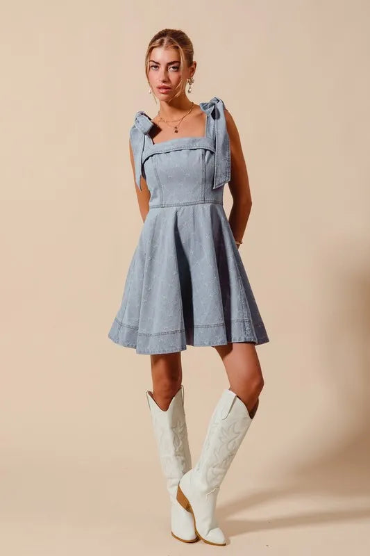 SO ME A Line Fit and Flare Diamond Bow Denim Dress Trendsi
