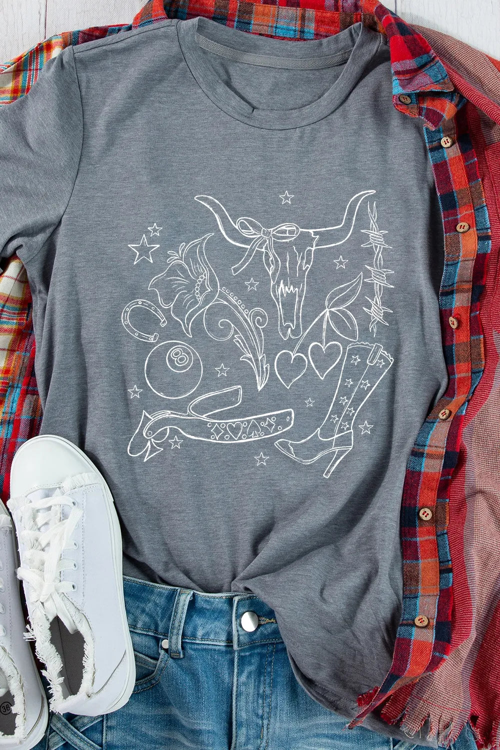 Cowgirl Boots OX Head Western Graphic Crewneck Tee DAME BOHEME