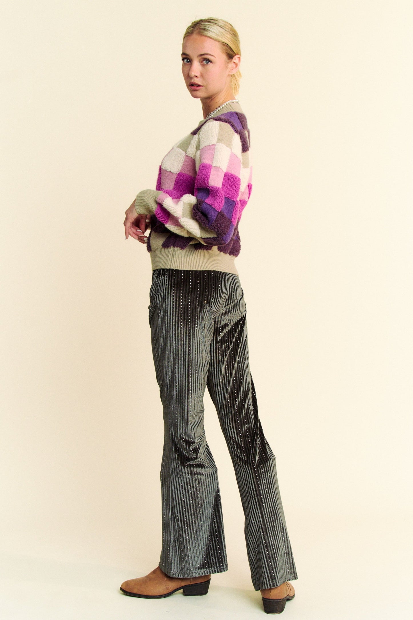 Davi & Dani Checkered Round Neck Long Sleeve Sweater Trendsi