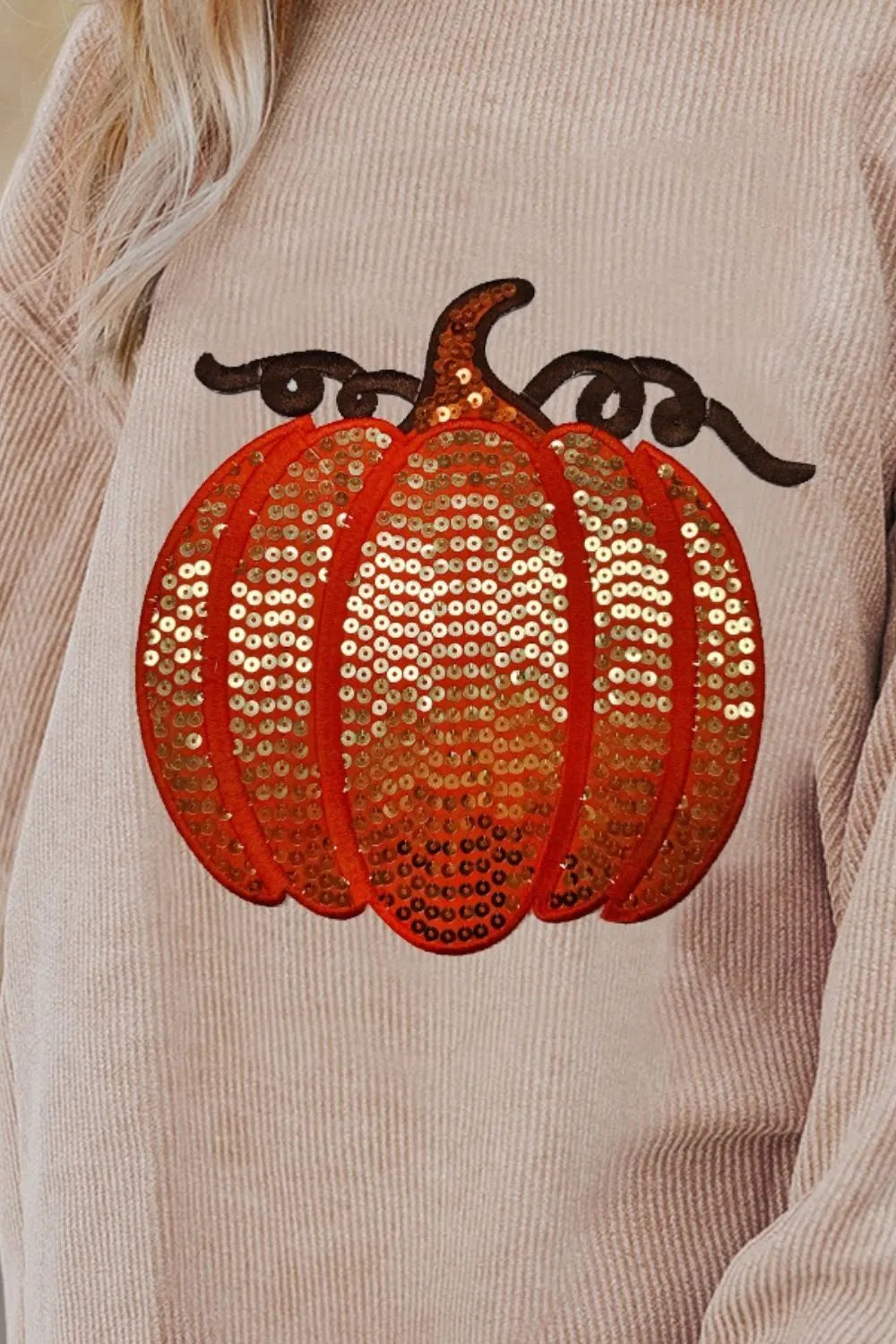 Sequin Pumpkin Round Neck Long Sleeve Sweatshirt DAME BOHEME