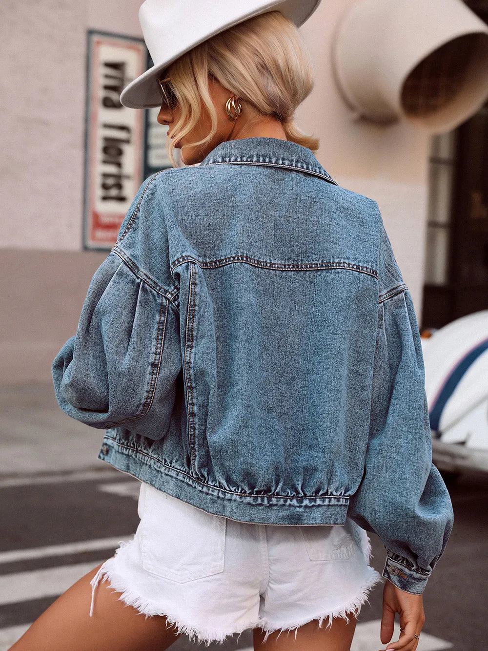 Collared Neck Dropped Shoulder Denim Jacket Trendsi