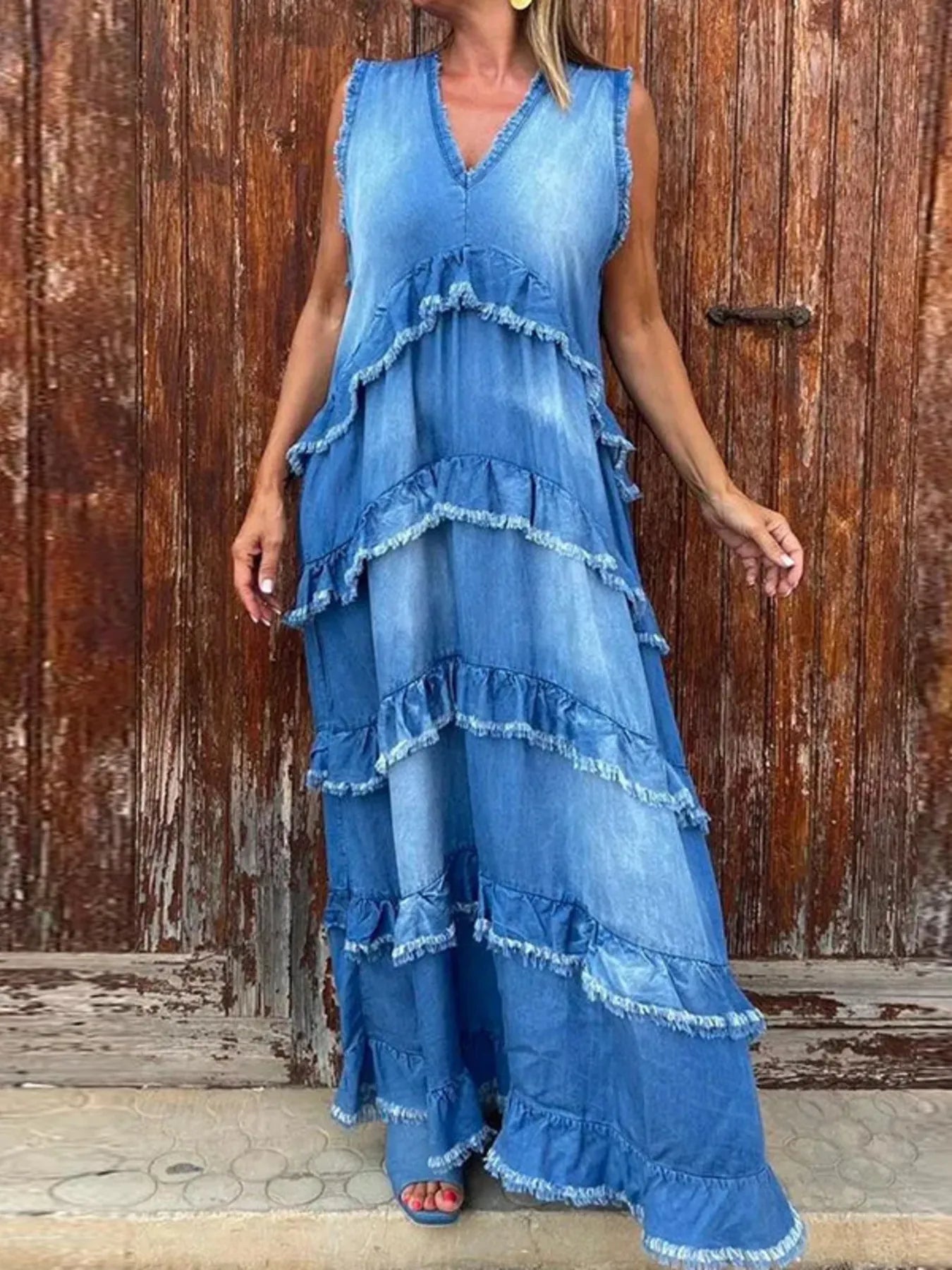 Raw Hem Layered Denim Maxi Dress Plus Size Trendsi