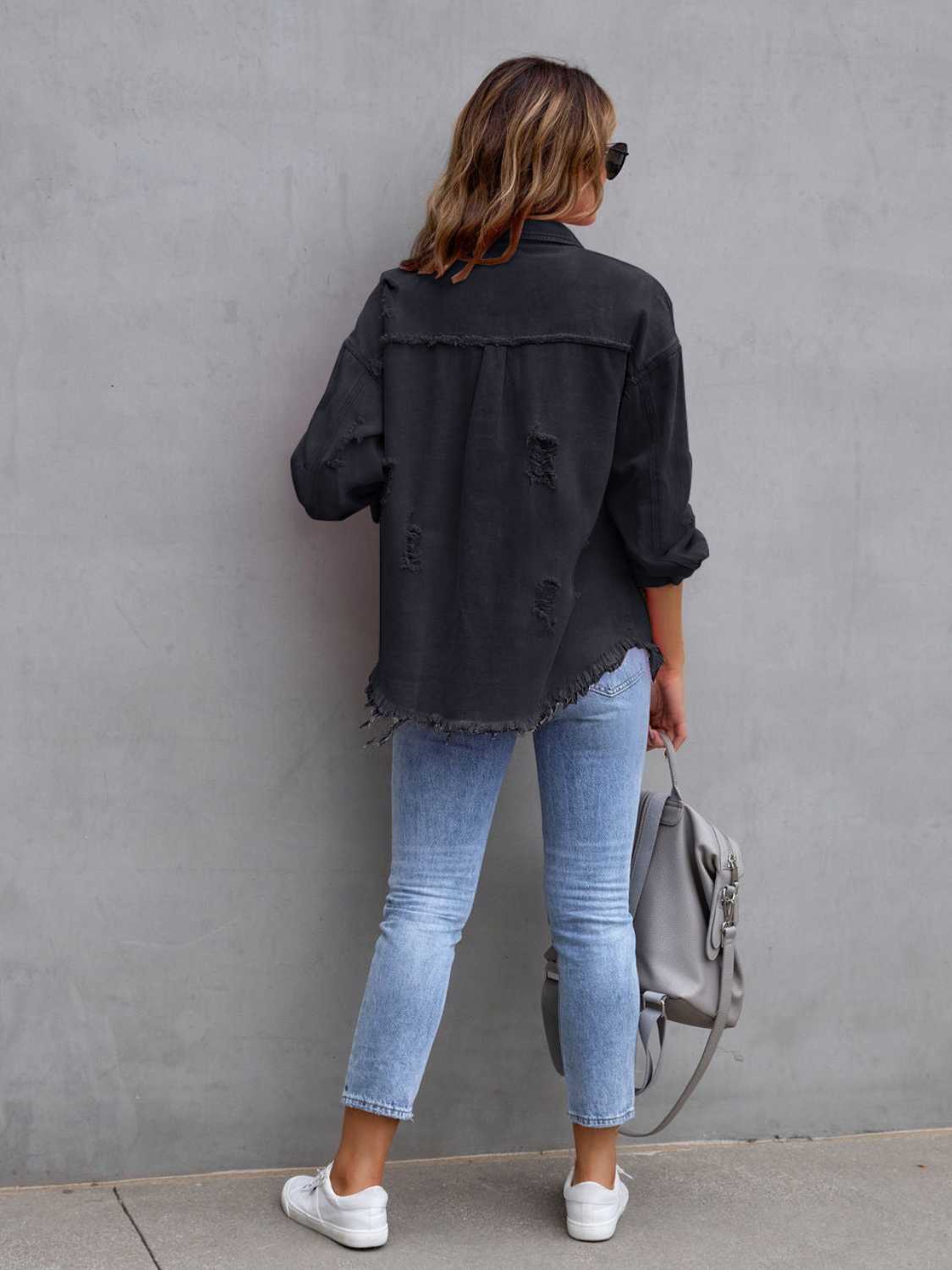 Distressed Drop Shoulder Denim Jacket Plus Size Trendsi