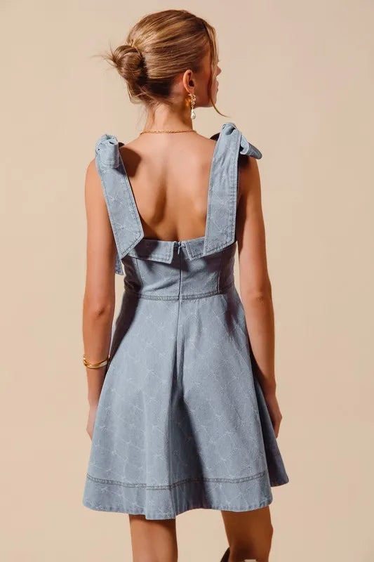 SO ME A Line Fit and Flare Diamond Bow Denim Dress Trendsi