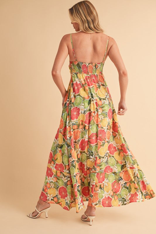 Aemi + Co Citrus Fruit Print Square Neck Maxi Cami Dress
