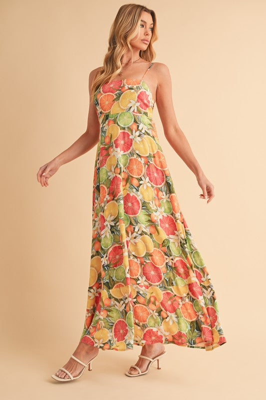 Aemi + Co Citrus Fruit Print Square Neck Maxi Cami Dress