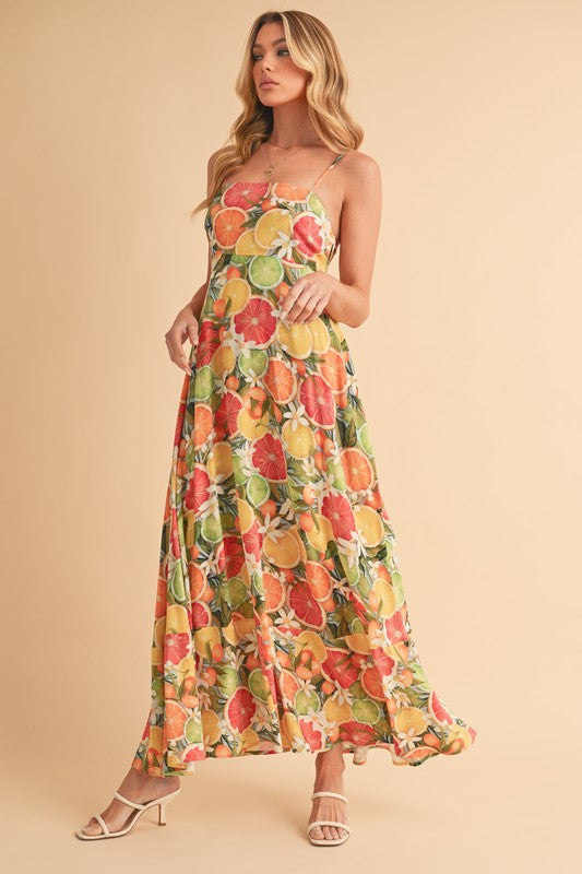 Aemi + Co Citrus Fruit Print Square Neck Maxi Cami Dress