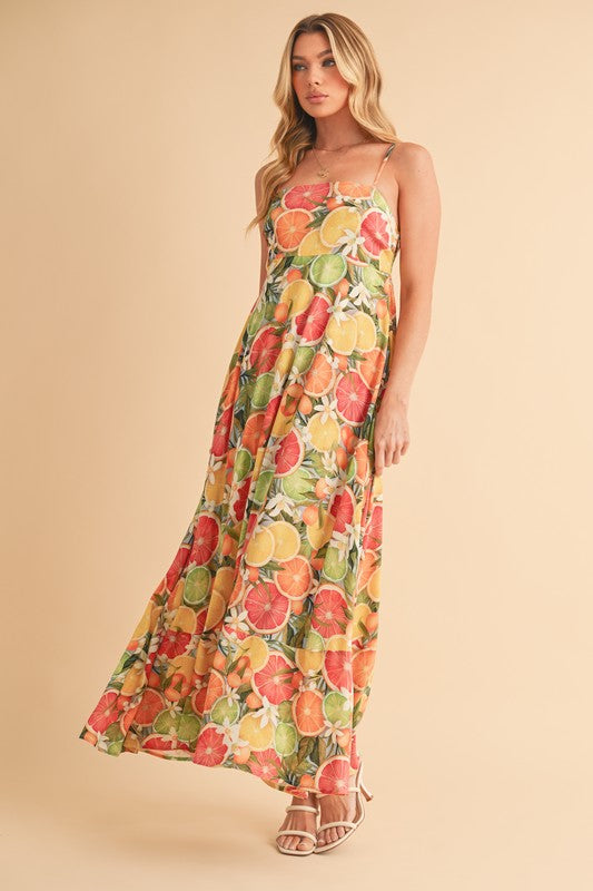 Aemi + Co Citrus Fruit Print Square Neck Maxi Cami Dress