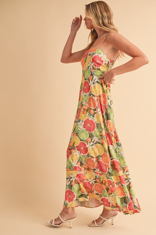 Aemi + Co Citrus Fruit Print Square Neck Maxi Cami Dress