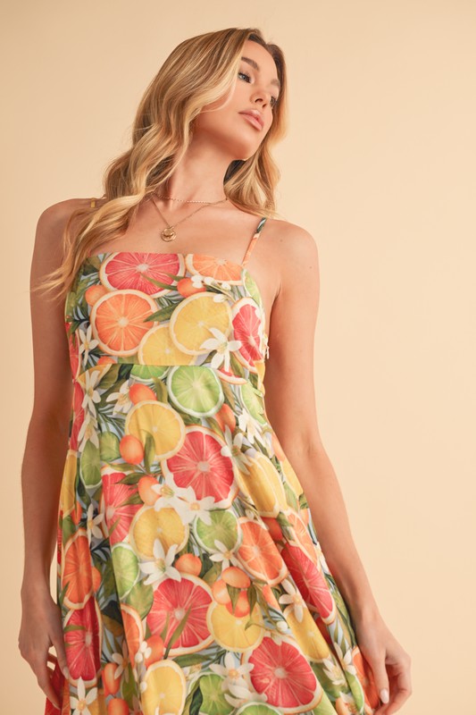 Aemi + Co Citrus Fruit Print Square Neck Maxi Cami Dress