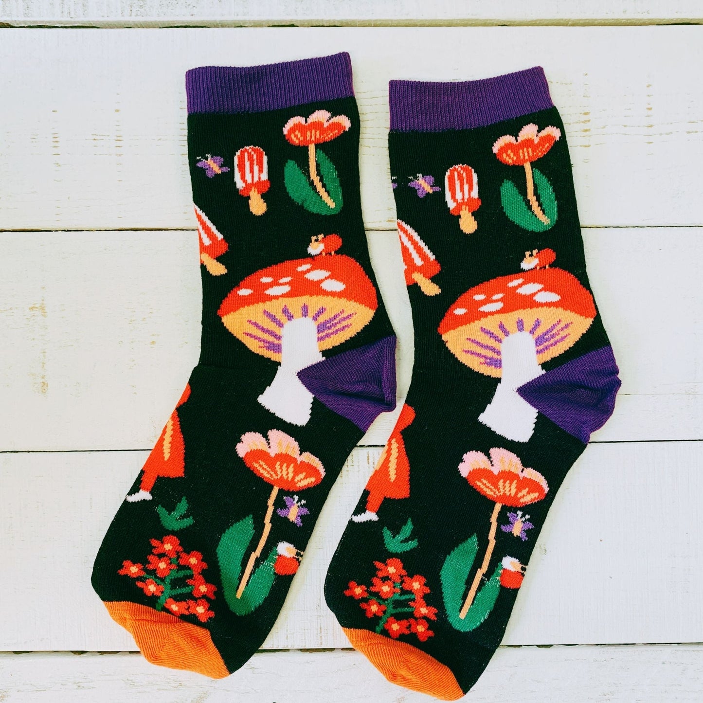 Amanita Trippy Mushroom Black Cotton Crew Socks | Dark Botanical Aesthetic | Poisonous Mushroom DAME BOHEME