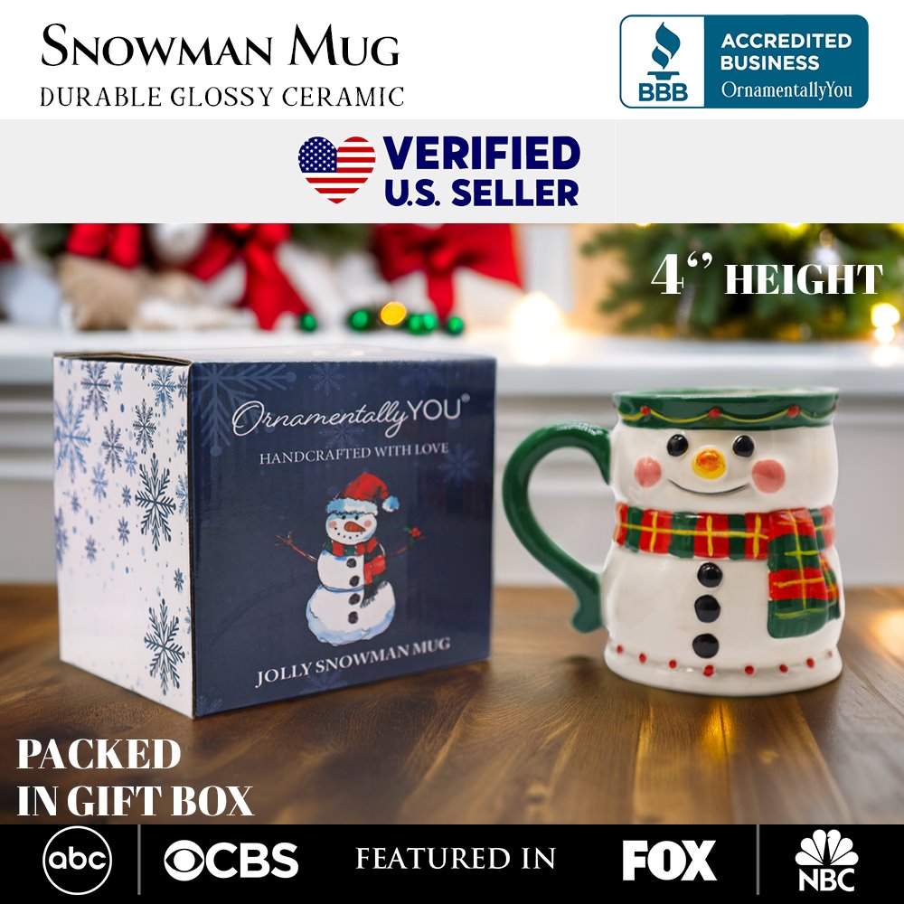 Wonderful Plaid Scarf Snowman 4" Ceramic Mug, Kitchen Christmas Drinkware Decoration DAME BOHEME