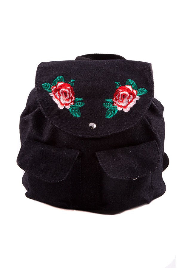 Floral Embroidered String Tie Denim Backpack Bella Chic