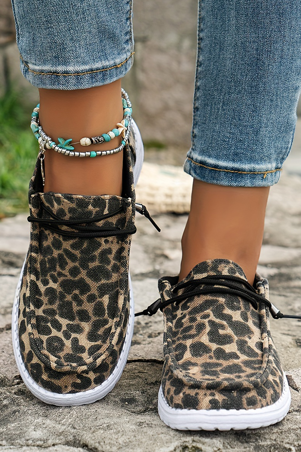 Kira Lace-up Decor Leopard Canvas Shoes DAME BOHEME