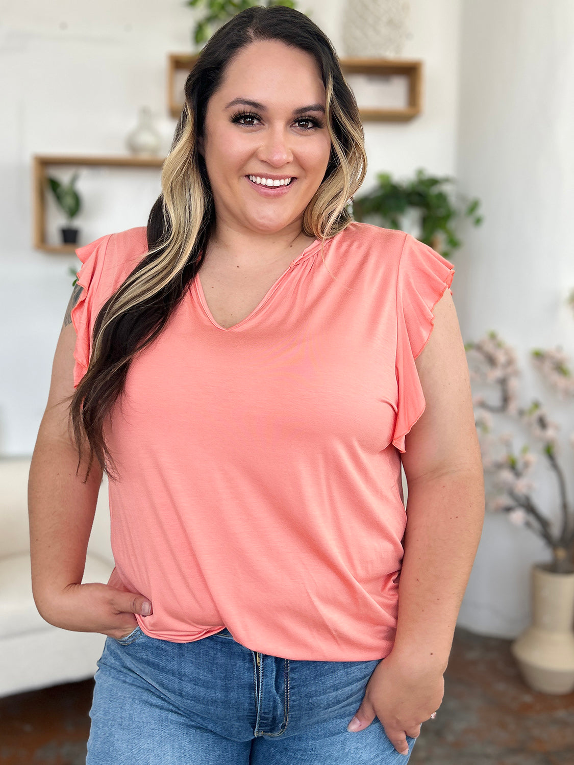 Bamboo Notched Ruffled Short Sleeve T-Shirt Trendsi
