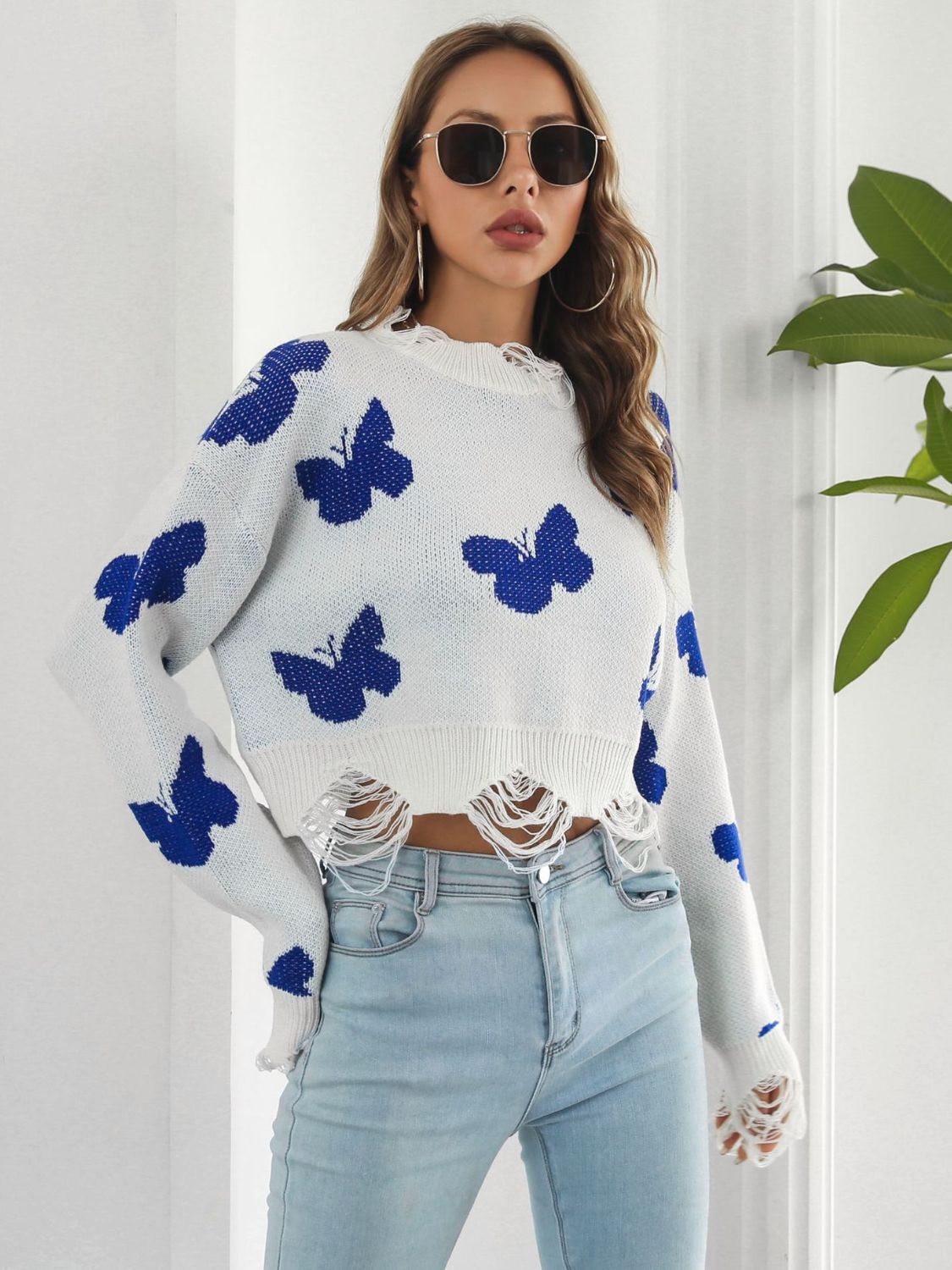 Distressed Butterfly Cropped Sweater Trendsi