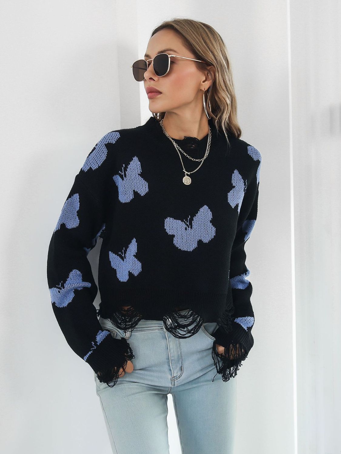 Distressed Butterfly Cropped Sweater Trendsi