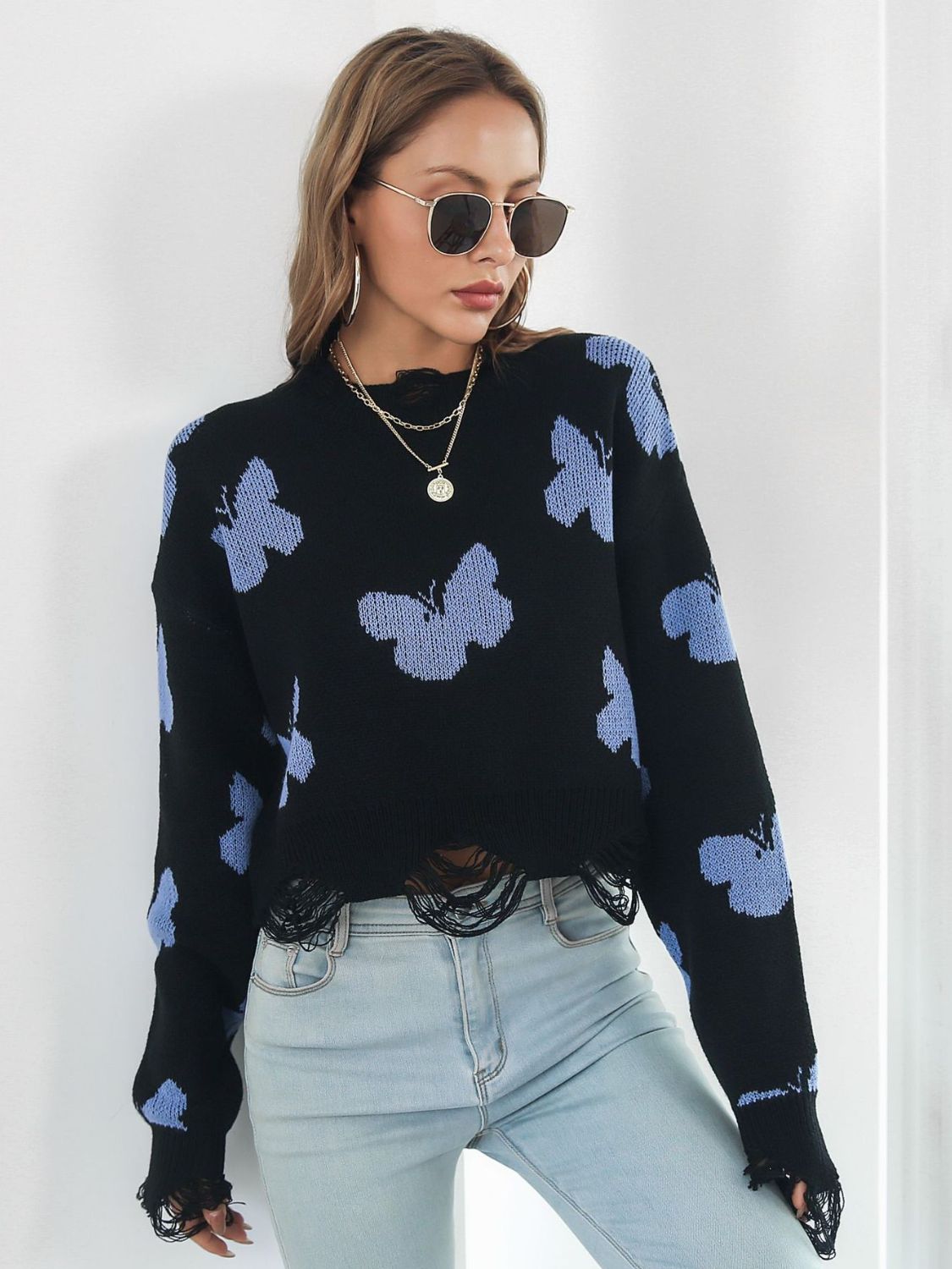 Distressed Butterfly Cropped Sweater Trendsi