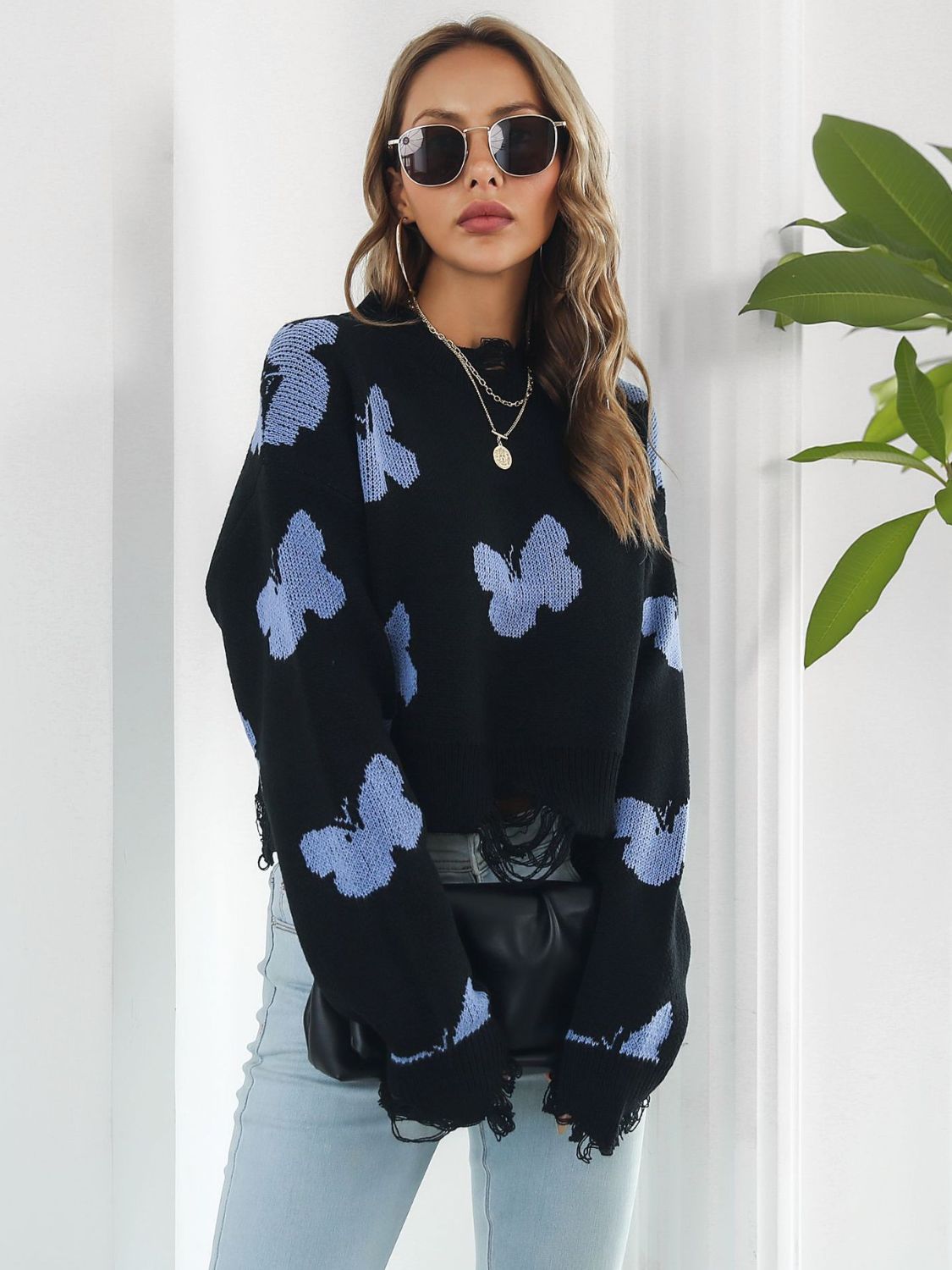 Distressed Butterfly Cropped Sweater Trendsi