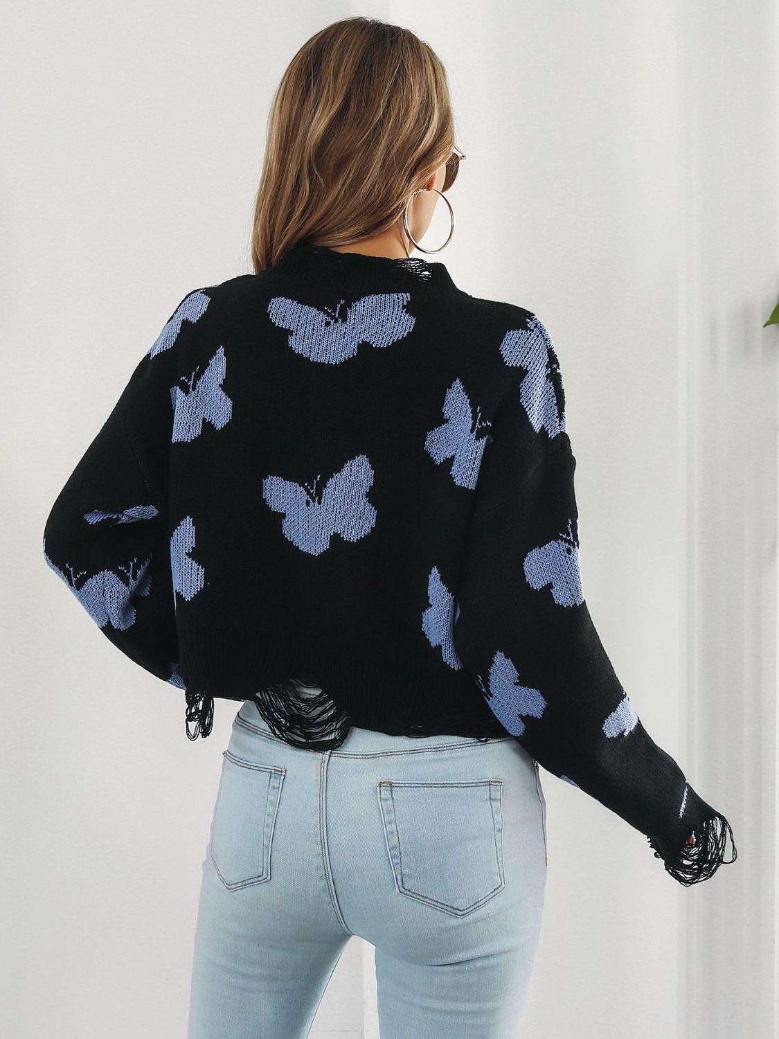 Distressed Butterfly Cropped Sweater Trendsi