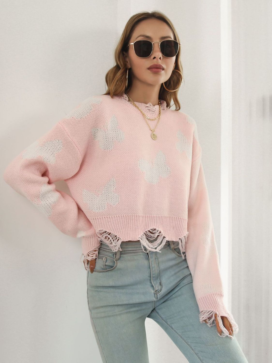 Distressed Butterfly Cropped Sweater Trendsi