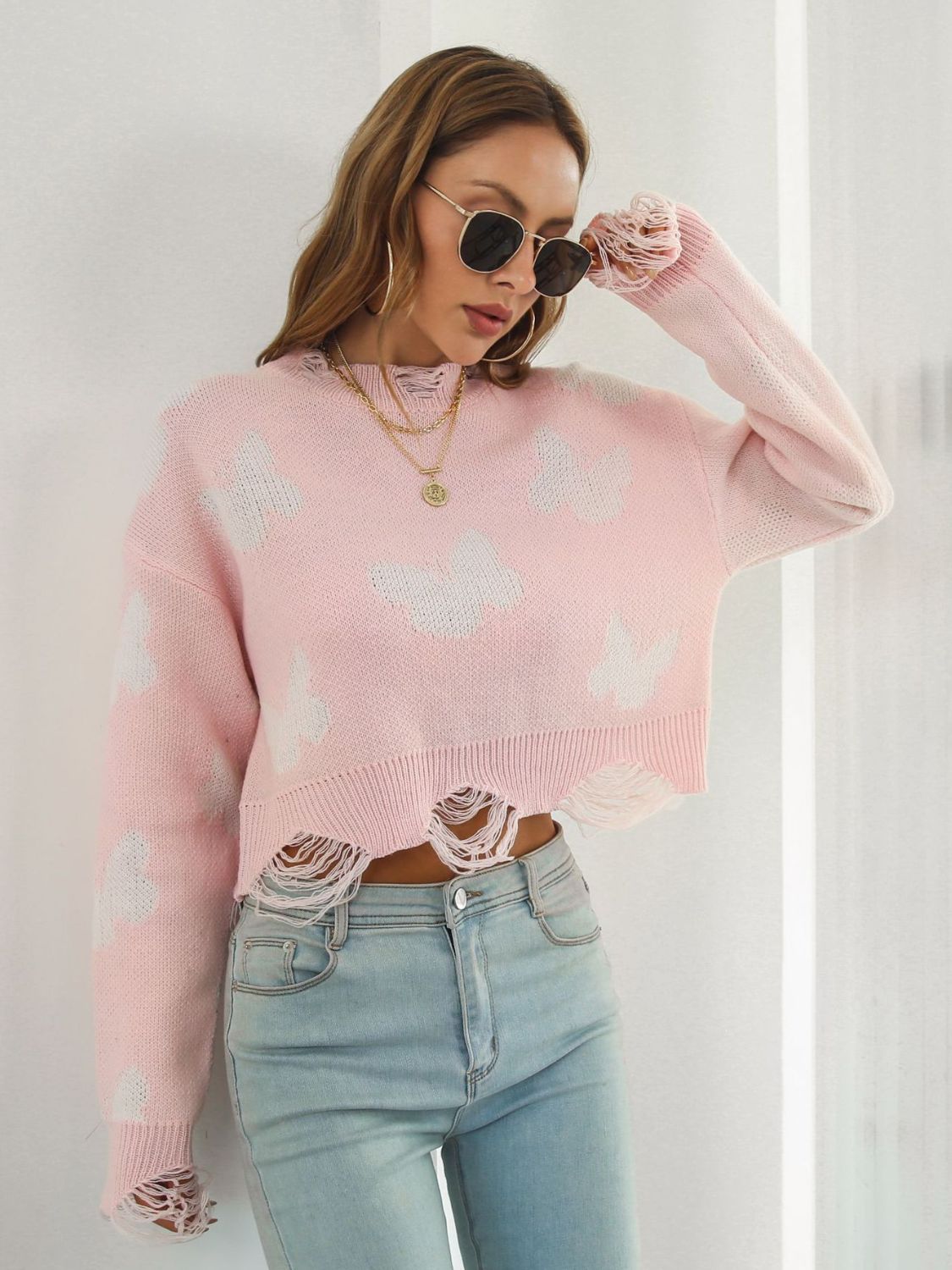 Distressed Butterfly Cropped Sweater Trendsi
