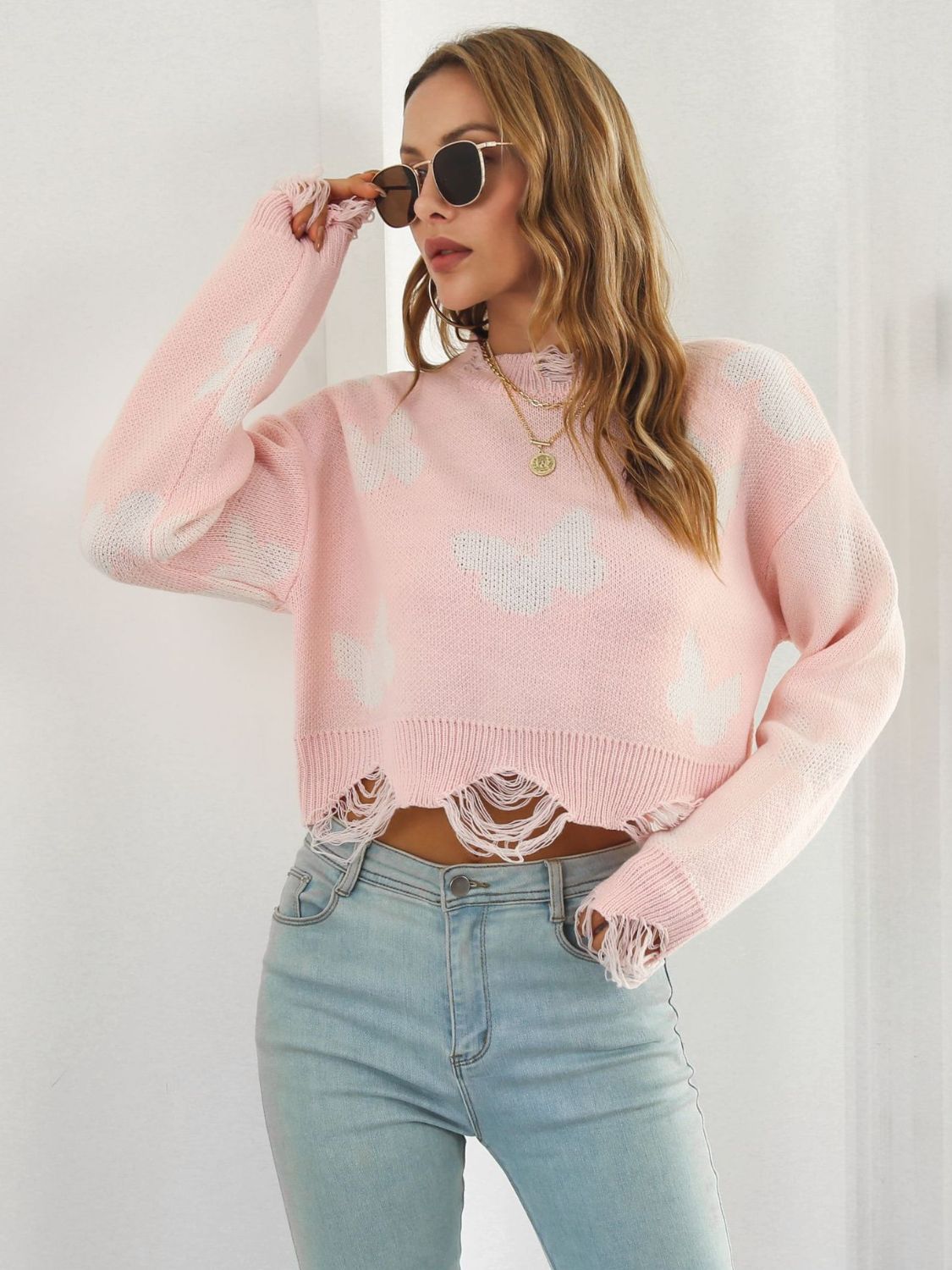 Distressed Butterfly Cropped Sweater Trendsi