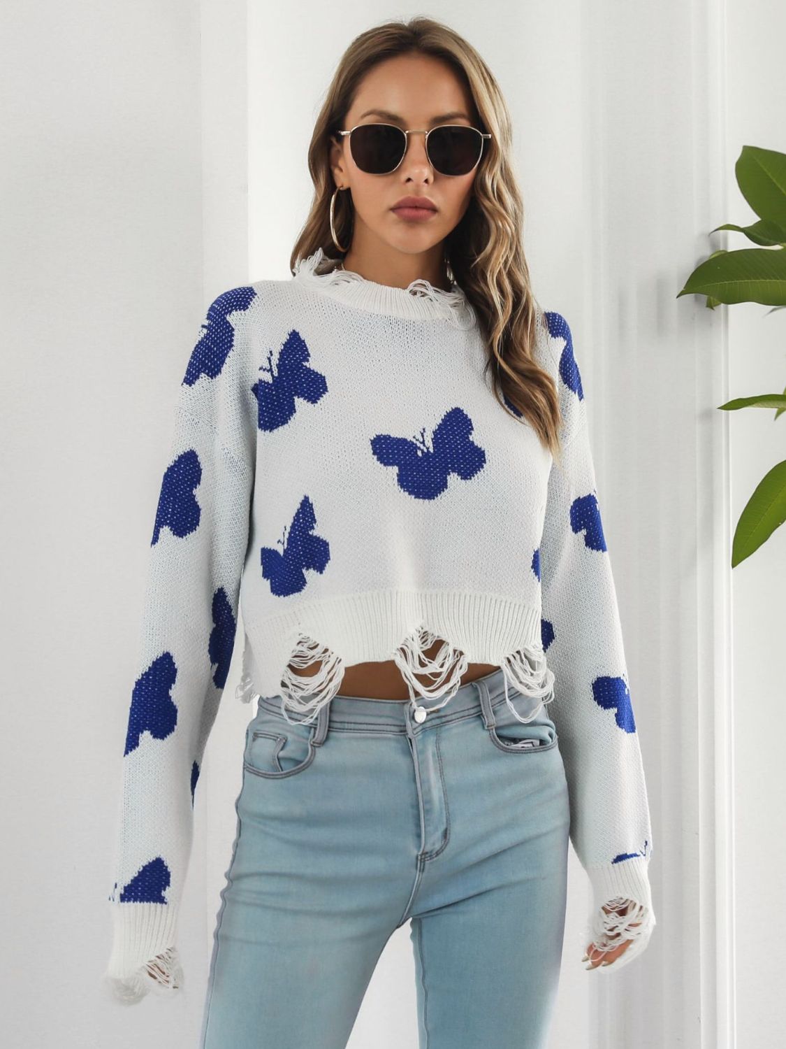 Distressed Butterfly Cropped Sweater Trendsi