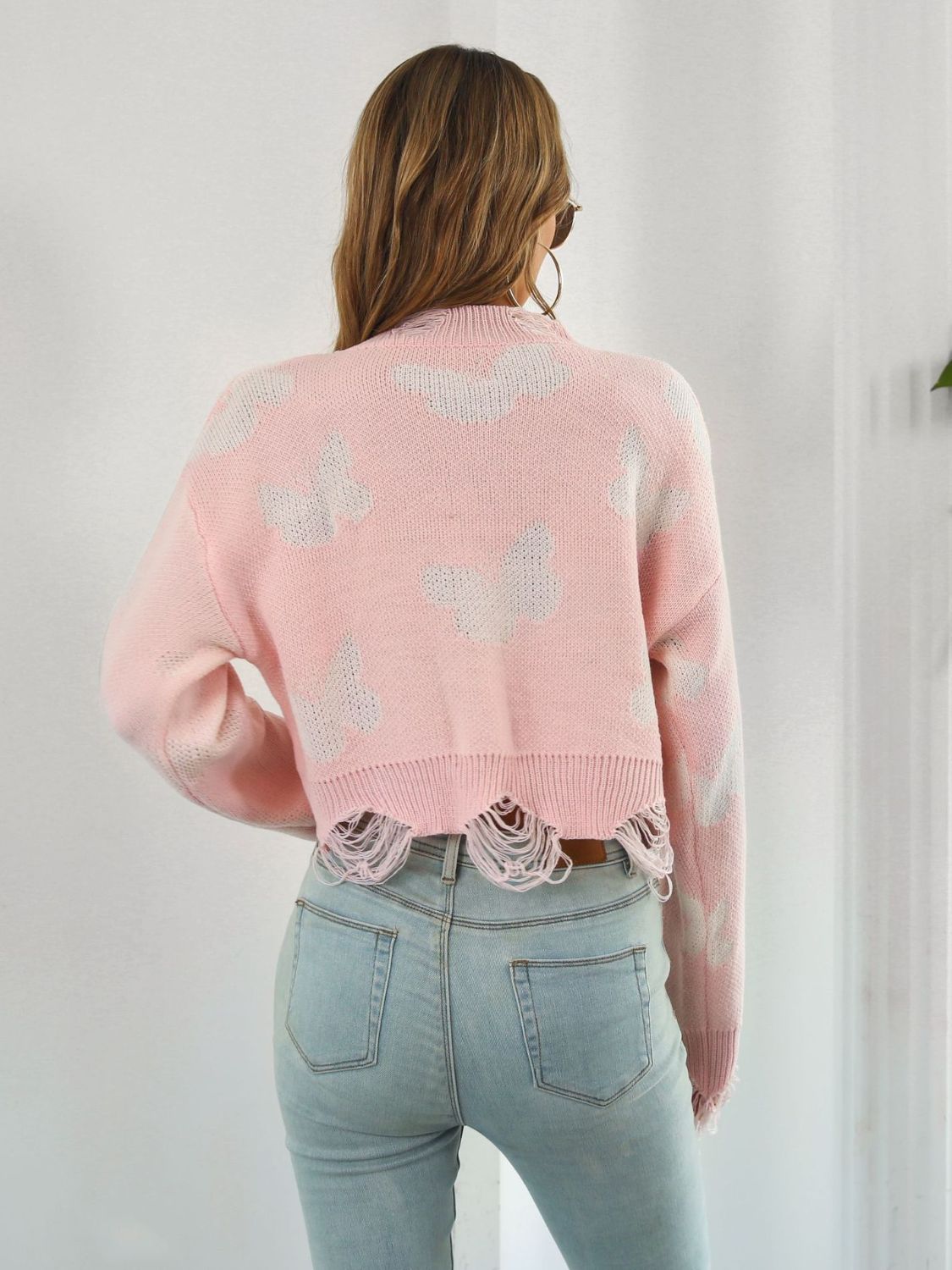 Distressed Butterfly Cropped Sweater Trendsi