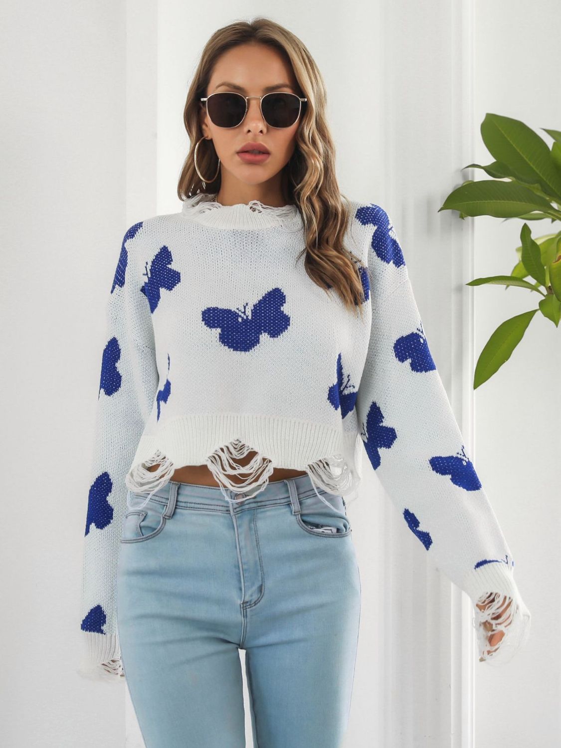 Distressed Butterfly Cropped Sweater Trendsi