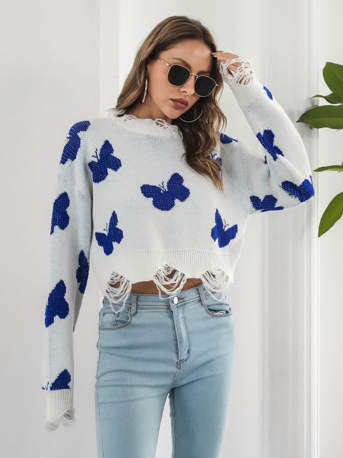 Distressed Butterfly Cropped Sweater Trendsi