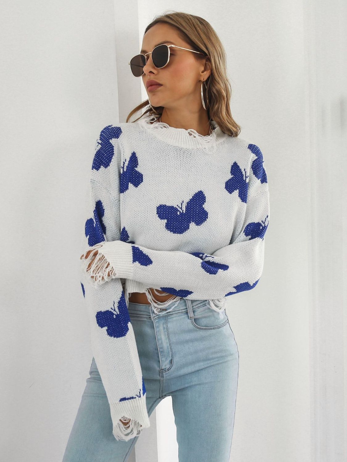 Distressed Butterfly Cropped Sweater Trendsi