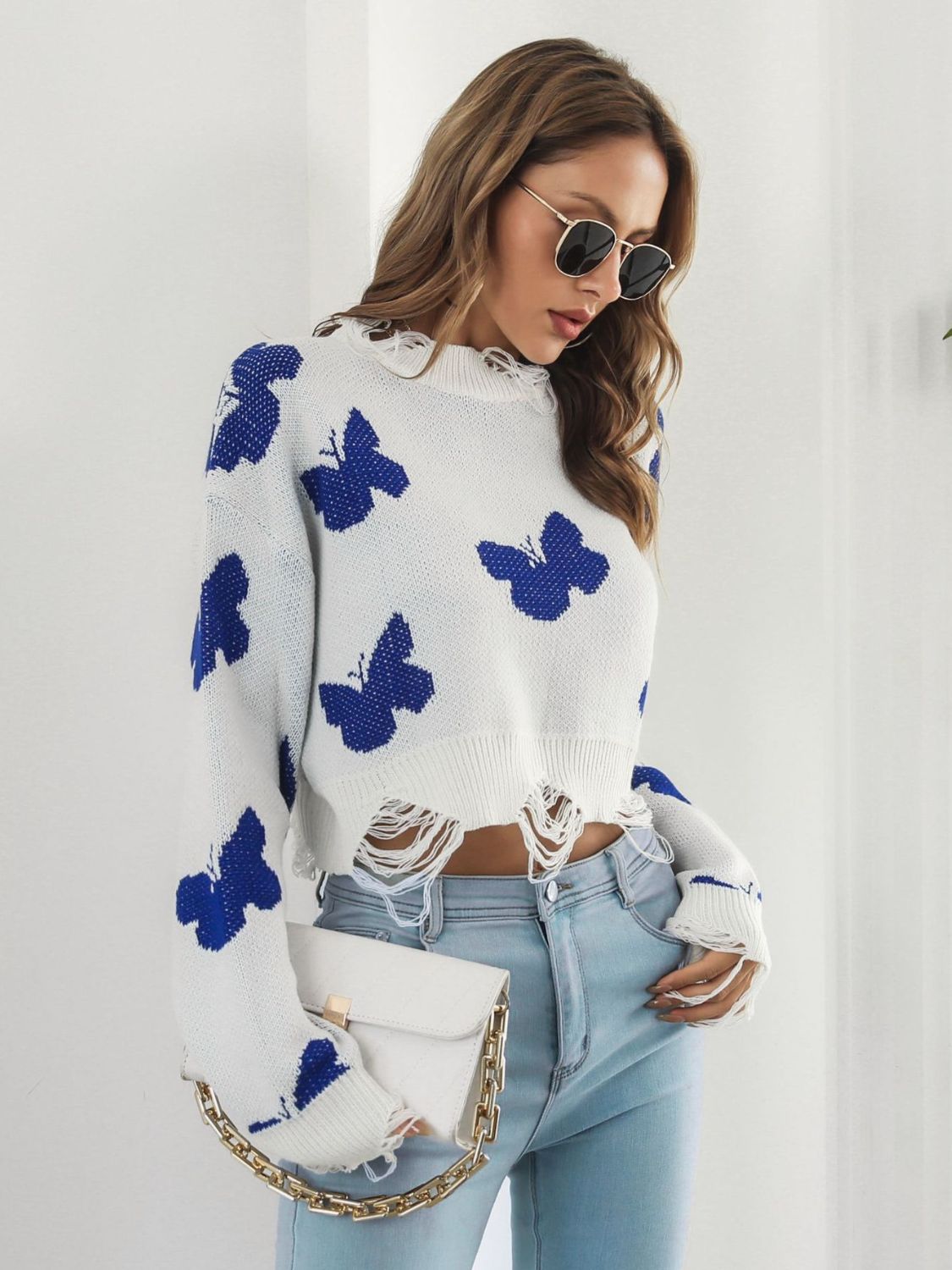 Distressed Butterfly Cropped Sweater Trendsi