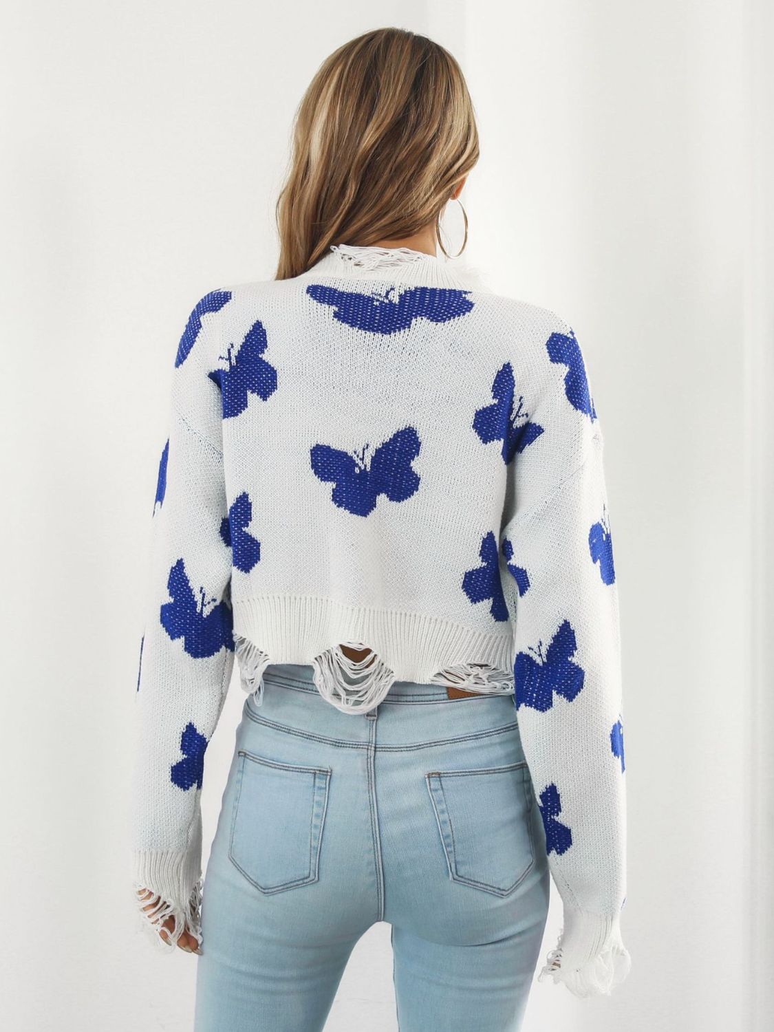 Distressed Butterfly Cropped Sweater Trendsi