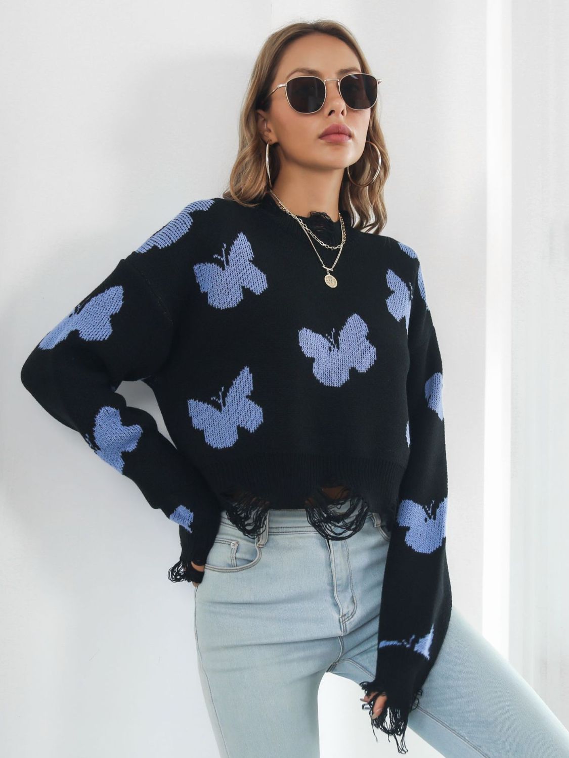 Distressed Butterfly Cropped Sweater Trendsi