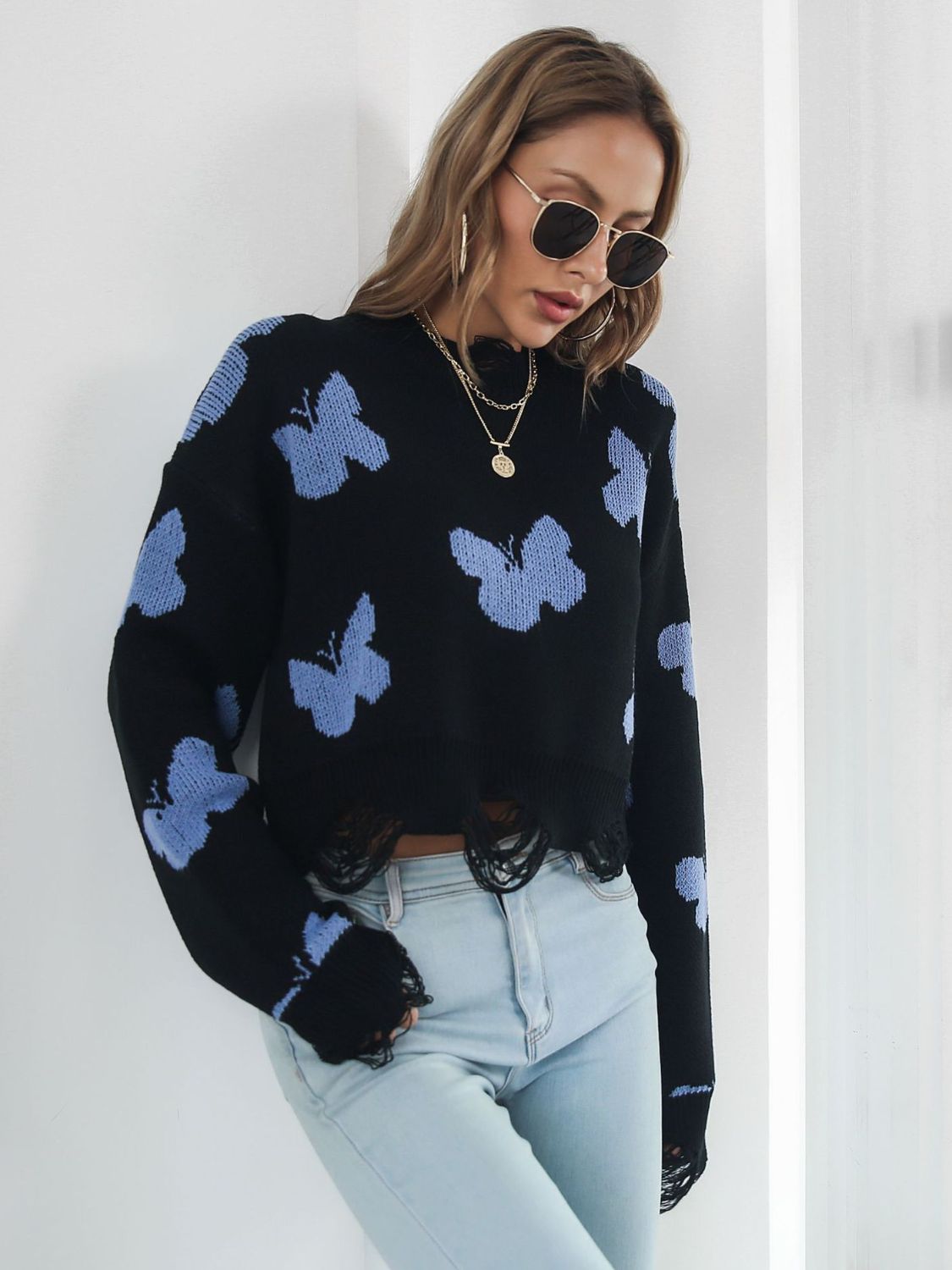 Distressed Butterfly Cropped Sweater Trendsi