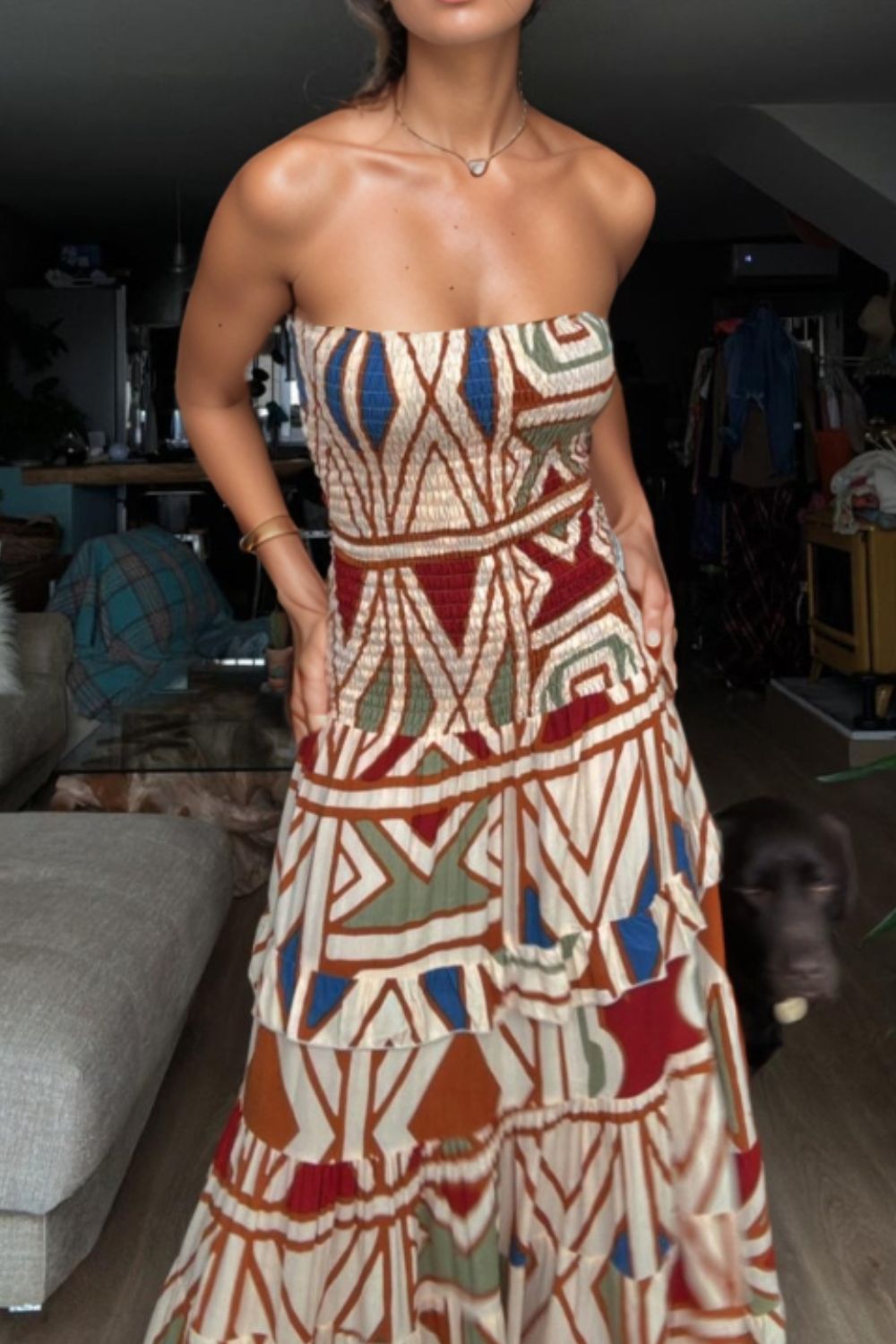 Smocked Geometric Print Tube Flared Maxi Dress Trendsi